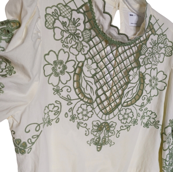 ASOS Cream Cotton Scalloped Collar Blouse Green Lattice Floral Embroidery size 8 - Picture 7 of 10